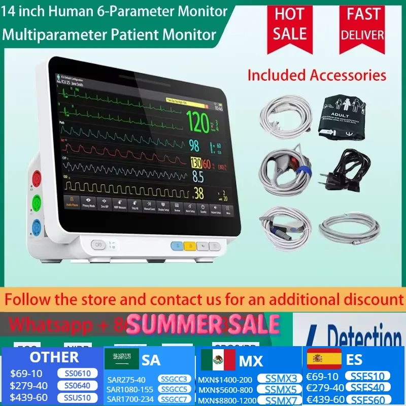 14-дюймовий екран Портативний 6-параметричний монітор Багатопараметричний монітор людини/ветеринарного використання Монітор пацієнта Монітор життєвих знаків