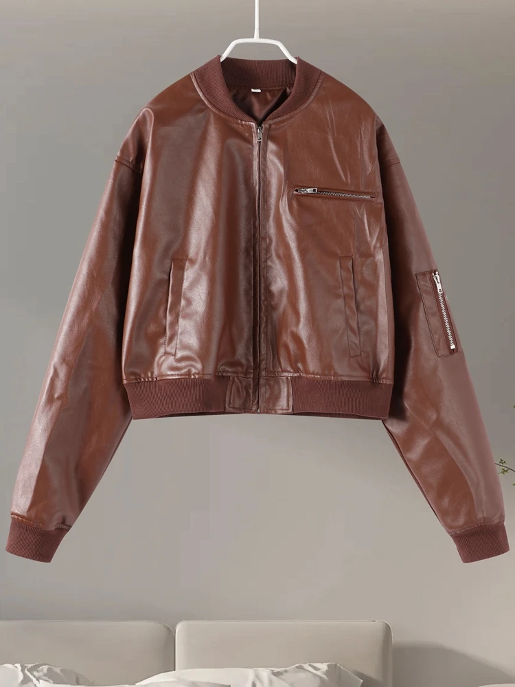 Vintage Imitation Leather Bomber Jacket Women O-neck Zipper Pockets Loose Short Coat 2024 Autumn Lady High Street Outwear 4