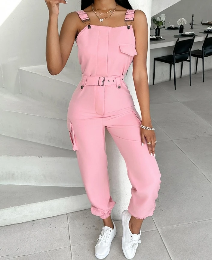 Women's Clothes New Fashion Pocket Buckle Design Cargo Suspender Jumpsuit for Women Sleeveless Square Neck Casual Long Jumpsuits
