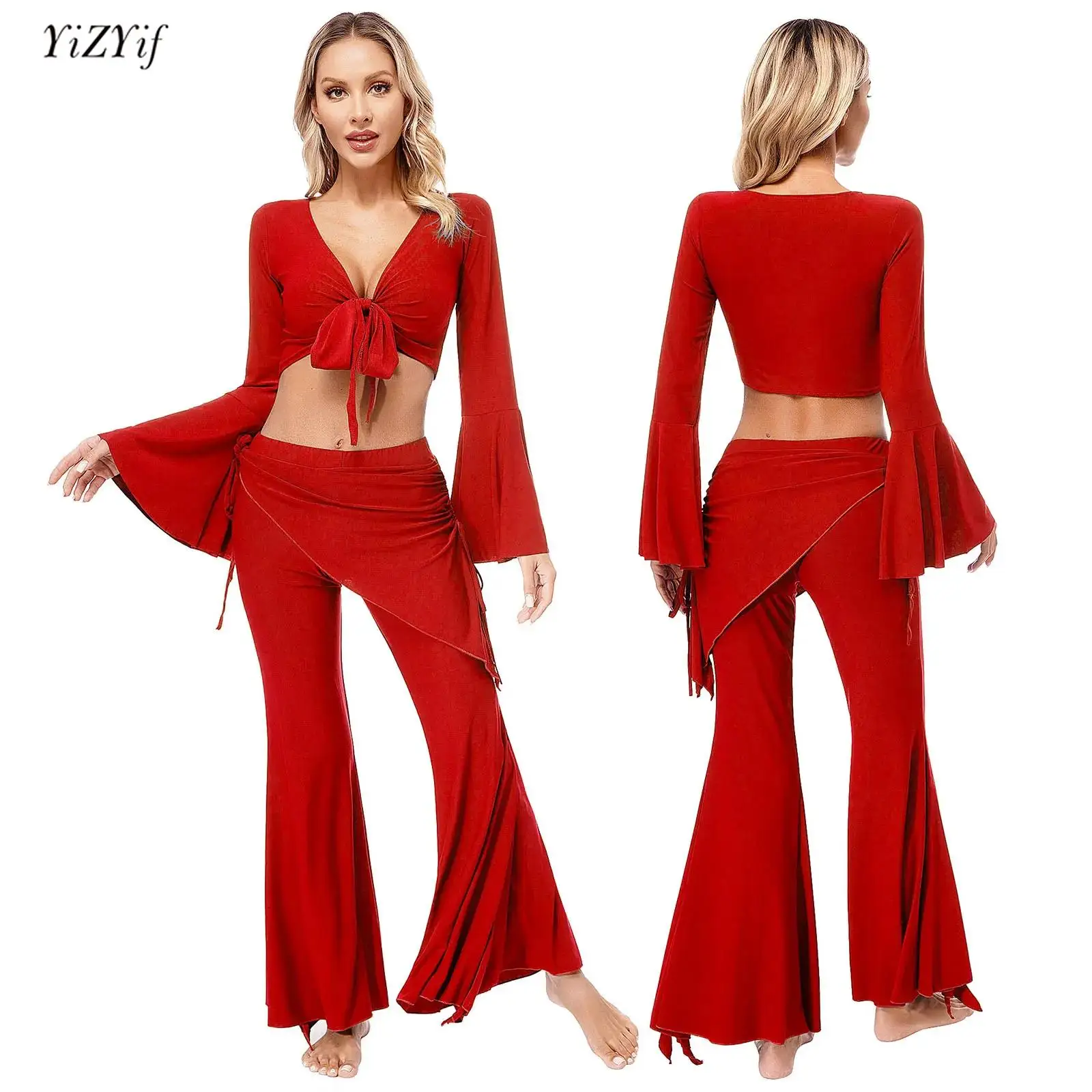 

Womens Belly Dance Outfit Halloween Carnival Costume Boho Solid Color Flared Sleeve Lace-up Crop Top+bell-bottomed Skirted Pants