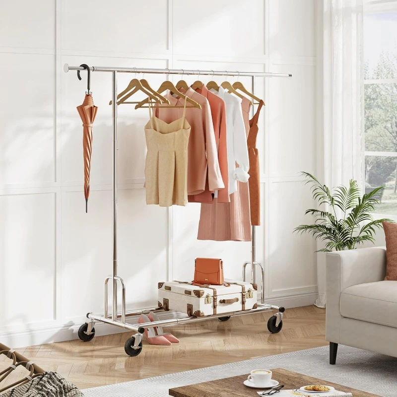 Heavy Duty Clothes Rack Foldable Garment Rack with Wheels and Extendable Rod, Freestanding Clothing Rack 4