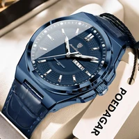 POEDAGAR Fashion Brand Man Wristwatch Waterproof Luminous Date Week Quartz Luxury Men's Watches Leather Business Men Watch Reloj