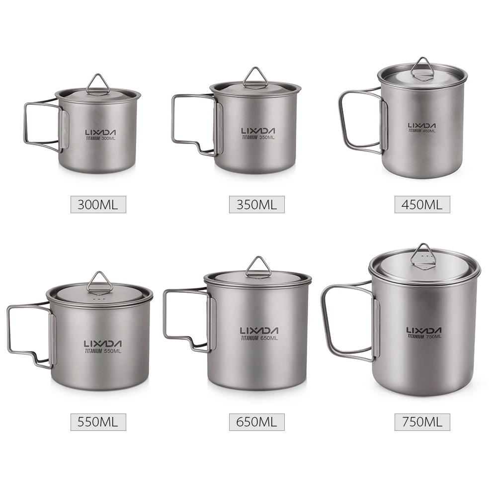 Lixada Ultralight Titanium Cup Mug 300/350/550/650/750ml Water Cup Camping Picnic Water Mug Tableware Foldable Handle
