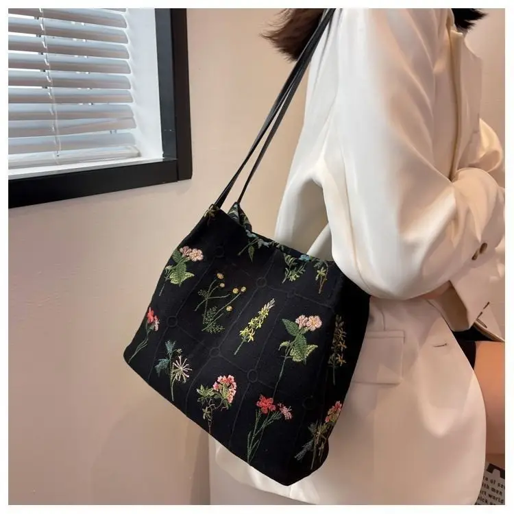 JIAERDI Floral Embroidery Black Shoulder Bags Women Vintage Casual Canvas Bag Purses Female Fairycore Harajuku Aesthetic Handbag