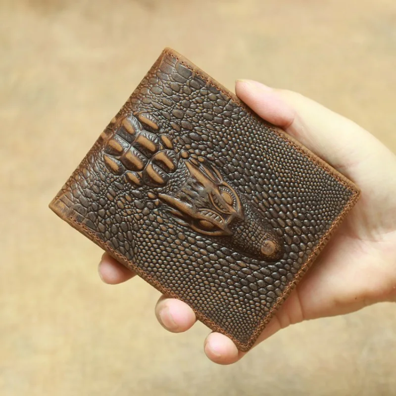 

Retro Fashion Crazy Horse Leather Men's Wallet New Simple Casual Crocodile Pattern Two-fold Horizontal Wallet Versatile Wallet