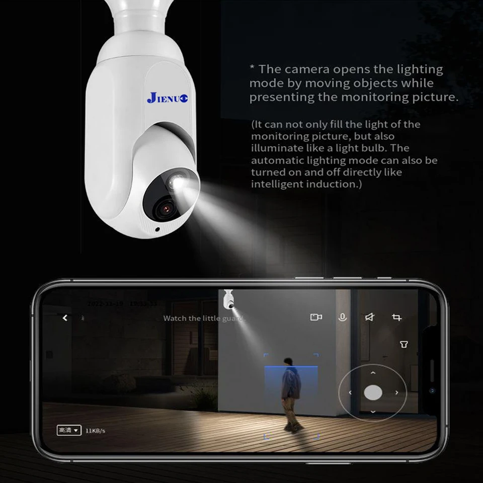 Jienuo Tuya กล้อง IP ไร้สาย E27 PTZ หลอดไฟติดตามอัตโนมัติกล้อง