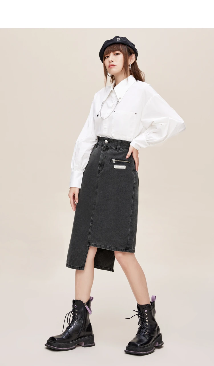 skater skirt A21 Asymmetrical Denim Skirt for Woman High Waist  A-line 2022 Spring New Fashion Black Midi Cotton Jean Skirt Skirts