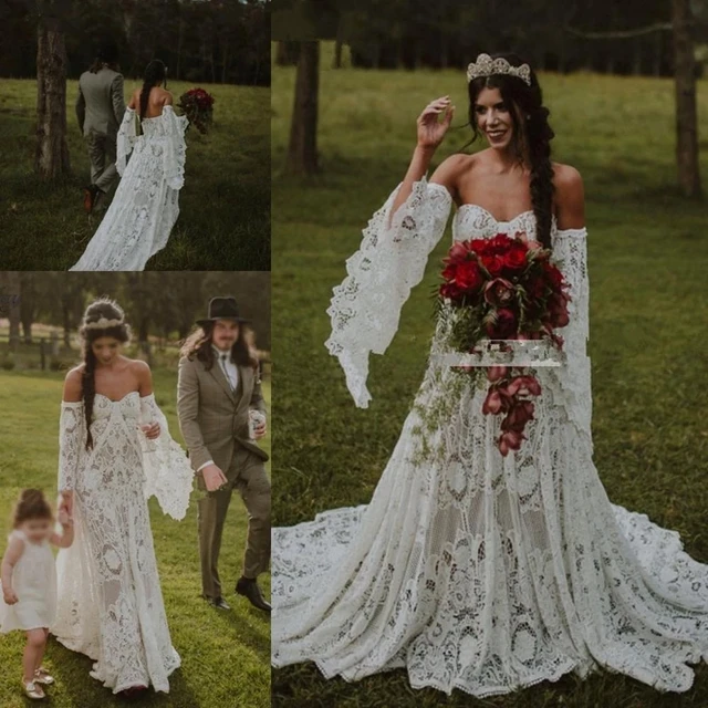 Boho Sheer O Neck Boho Lace Wedding Dress 2021 With Long Sleeves, Vintage  Crochet Bold Cotton Lace, And Hippie Country Bride Gown Style From  Alegant_lady, $143.32