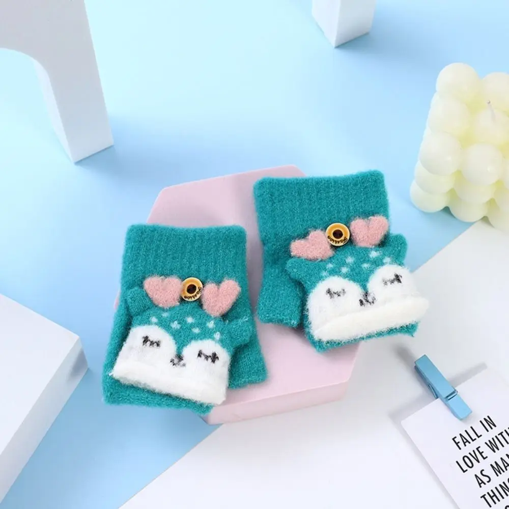 Winter Children Gloves Cute Flip Warm Mittens Fluffy Thick Boy Girl Cartoon Kids Half-finger 0-3Years Old Writing Soft Glove 5