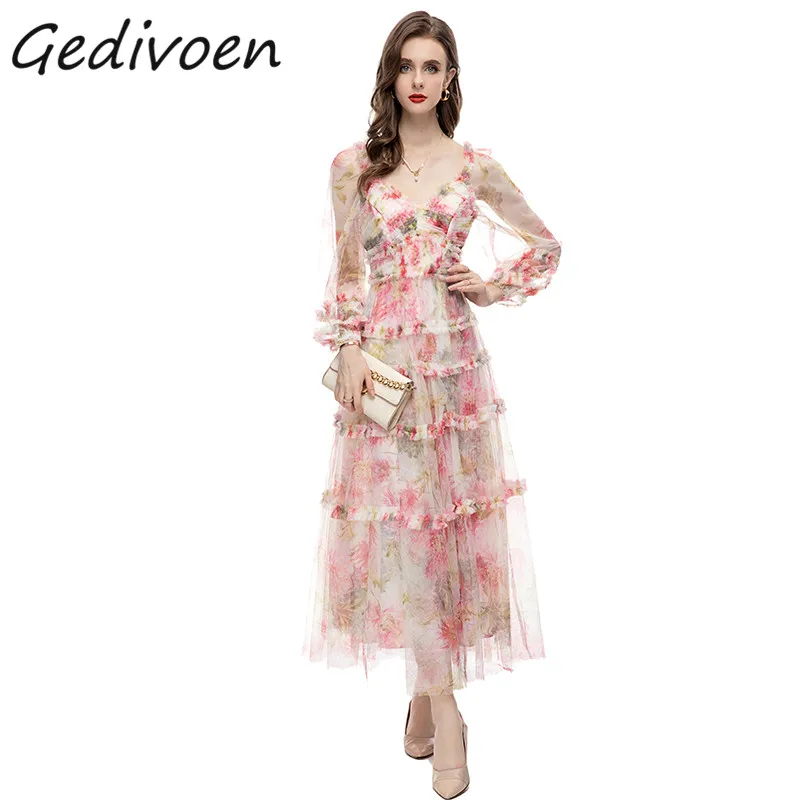 

Женское летнее платье Gedivoen, подиумное богемное прозрачное Сетчатое платье с V-образным вырезом, открытой спиной и оборками, длинное платье с блестящим принтом