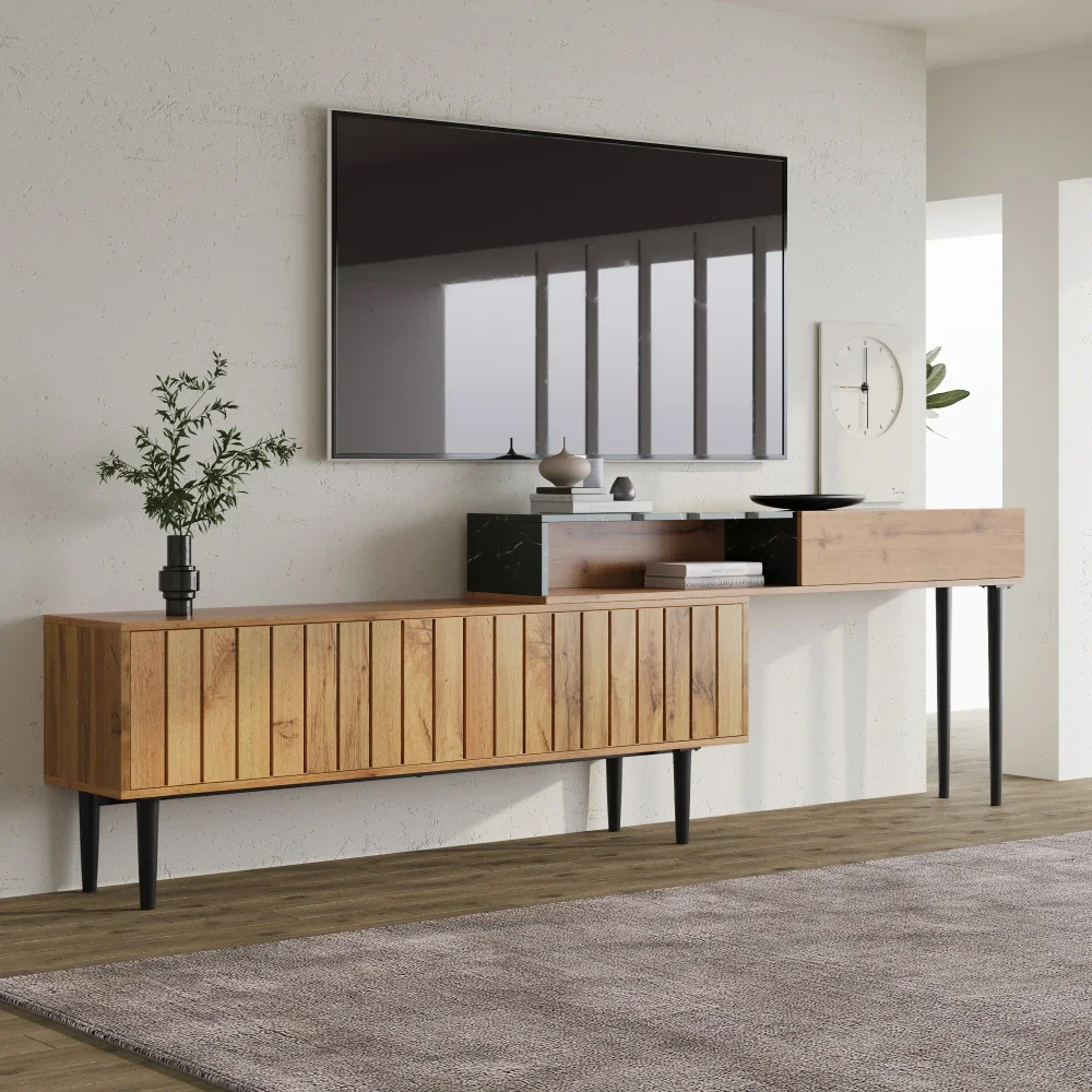 Moderner TV-Ständer mit Marmor- und Holzschnitzerei-Design, PVC-Kante, Eisenbeine, dunkle Holzfarbe, platzsparend, langlebig und langlebig – Detail 1