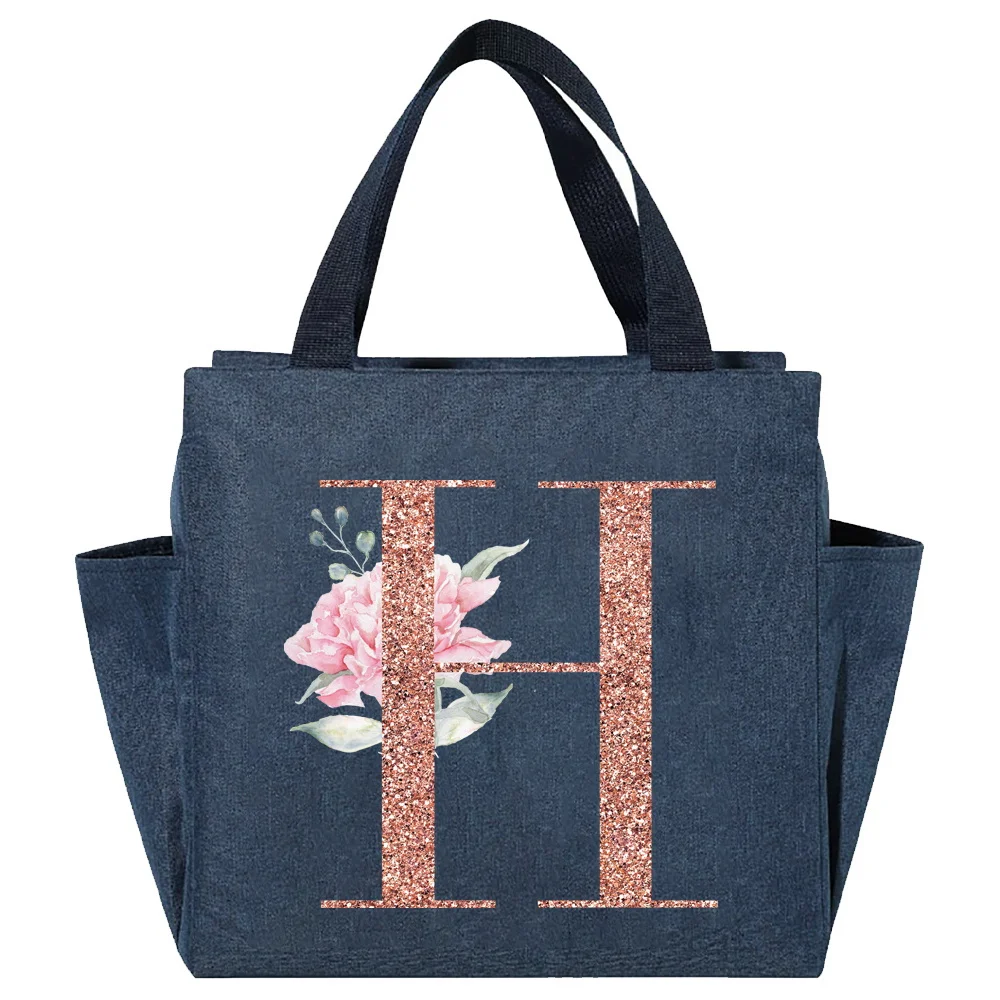 Lunch Carry Bag Insulated Thermal Portable Bags Large Capacity Rose Gold Print Lunch Picnic Dinner Cooler Food Canvas Handbags
