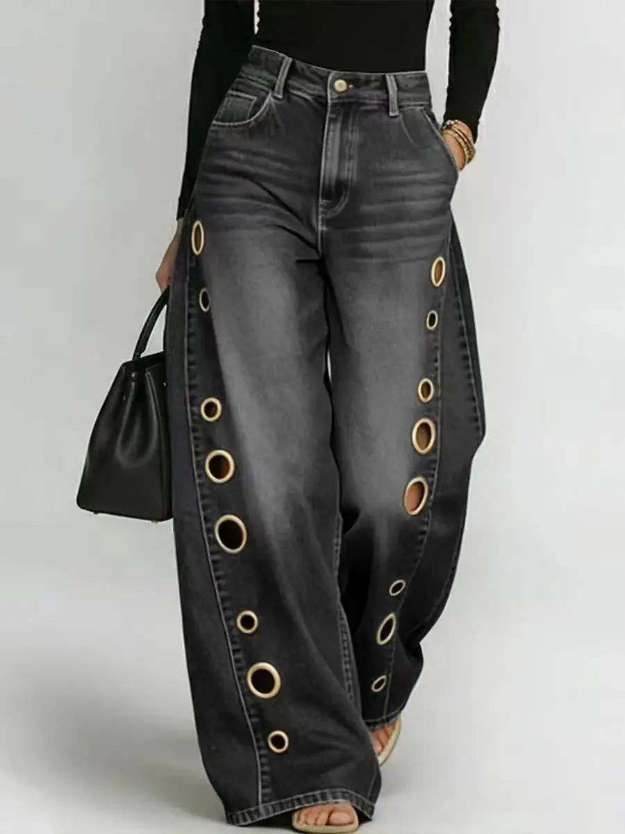 Nouveau Jean à Jambes Larges avec Œillets pour Femme, Taille Haute, Sexy, Élégant, Style Streetwear, Denim à Trous, Coupe Droite