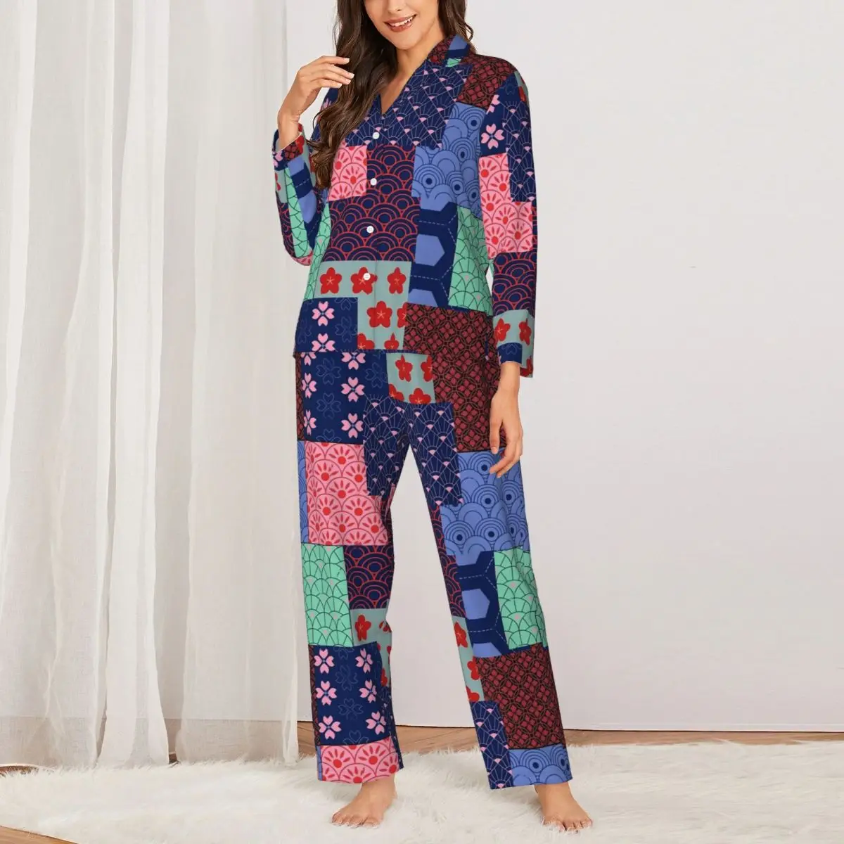 

Пижамный комплект в стиле пэчворк с принтом японские волны и цветы кавайная Пижама Женские винтажные ночные костюмы с длинным рукавом 2 предмета домашний костюм