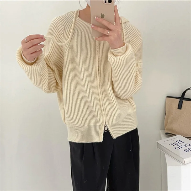 

Short double zipper hooded knit cardigan women's spring new sweater ladies top small coat