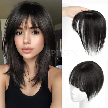 SPIKFN 5x9cm Real Human Hair Topper 8"-14" Natural Straight Top Hairpieces Black Brown Blonde Hair Topper Middle Part with Bangs