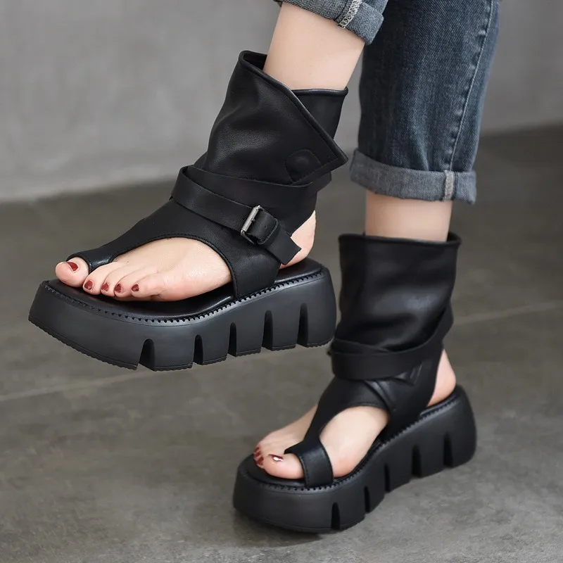

Birkuir Thick Heel Flip Flops Sandals Women High Top Shoes Buckle Button Ankle Boots Genuine Leather Open Toe Platform Shoes