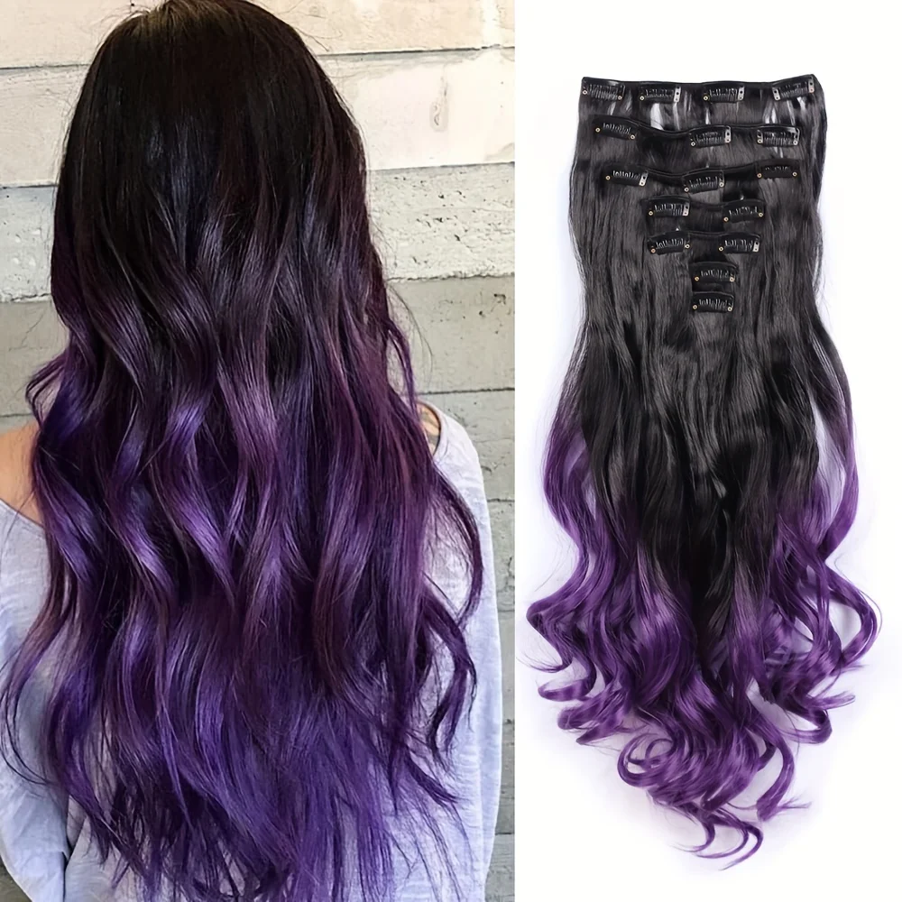 22 Inch Ombre Color Synthetic Long Curly Wavy Hair Extensions Clip In Hair Heat Resistant Fiber For Women Girls Accessories