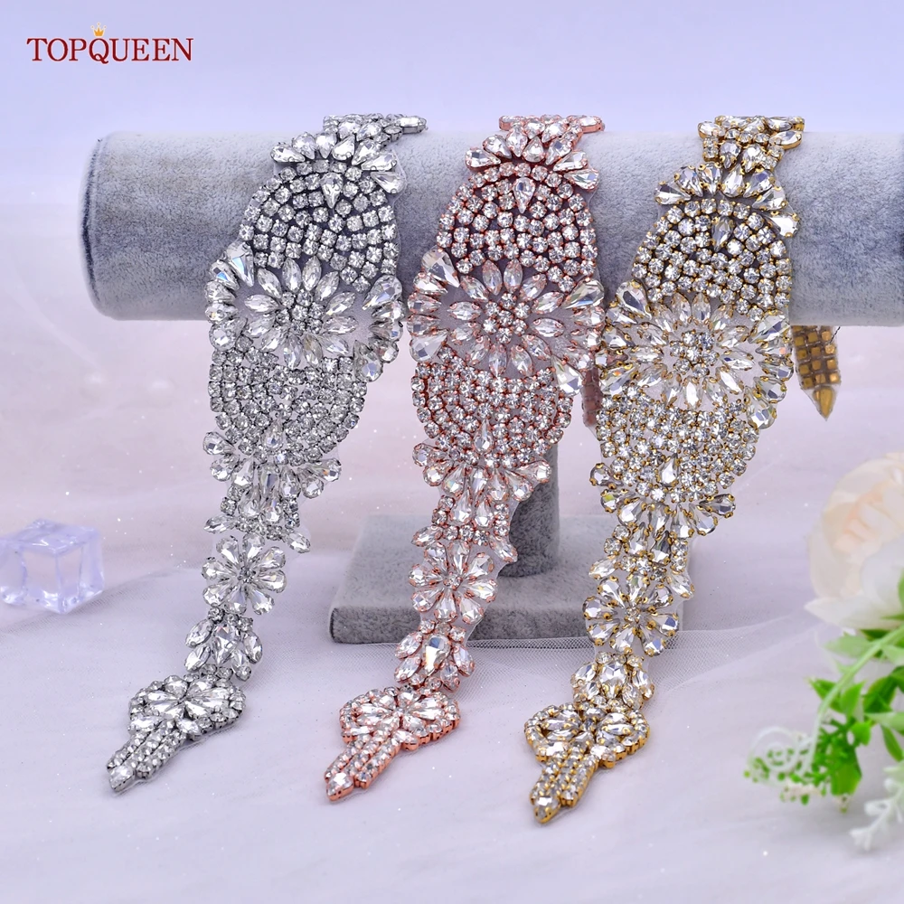 TOPQUEEN S123 Luxury Rhinestone Belt Silver/Gold/Rose Gold Women's Dresses Caftan Sash Diamond Bridal Wedding Accessories bridal waistband