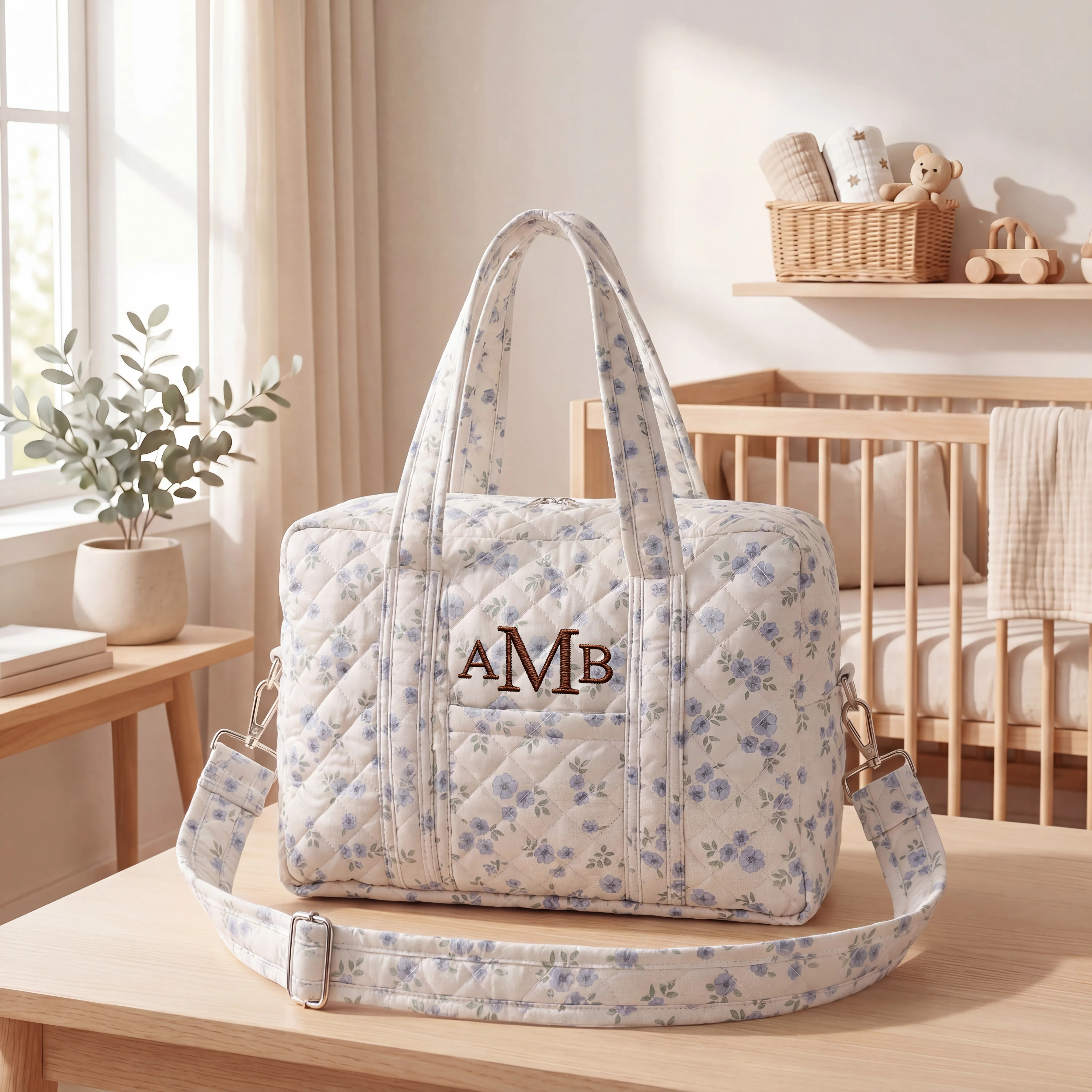 1 borsa per pannolini personalizzata con nome ricamato, borsa tote trapuntata floreale per mamma, borsa da viaggio per neonati a grande capacità con tasche multiple - immagine 3