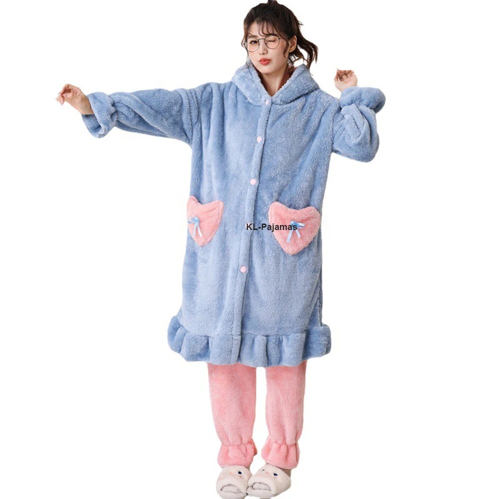 Women Winter Flannel Pajamas Set Fleece Hooded Nightgown Thick Warm Velvet Female Sleepwear Homewear Sweet Lovely Nightdress