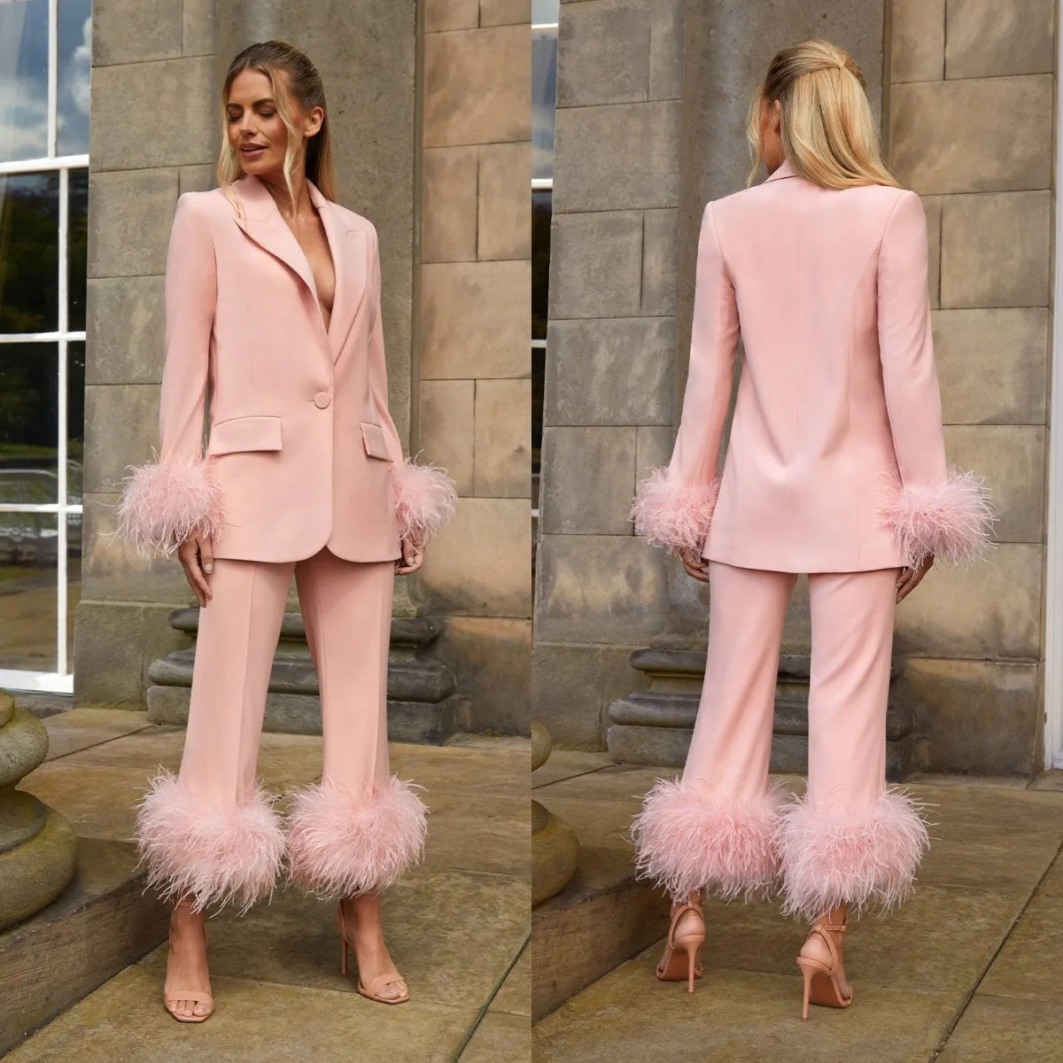 Dusty Pink Bridesmaid Dresses for Women 2 Pieces Blazer Suits with Feathers Jacket Pants Casual Office Daily Suit