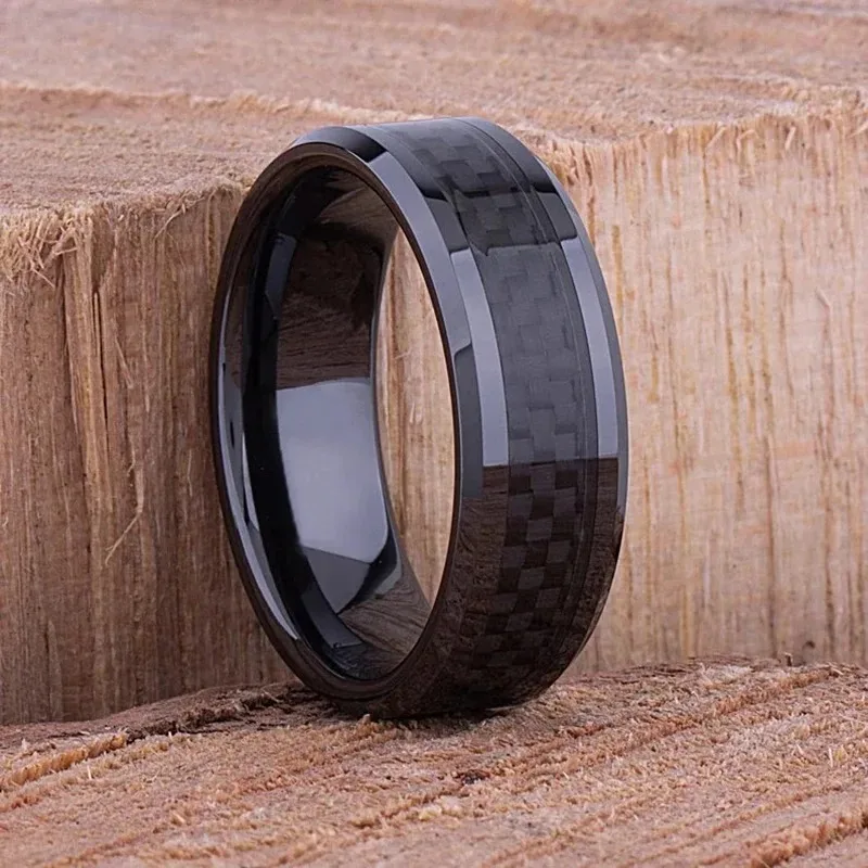 Wedding Rings 8MM Men Stainless Steel Inlaid Black Carbon Fiber for Men Women