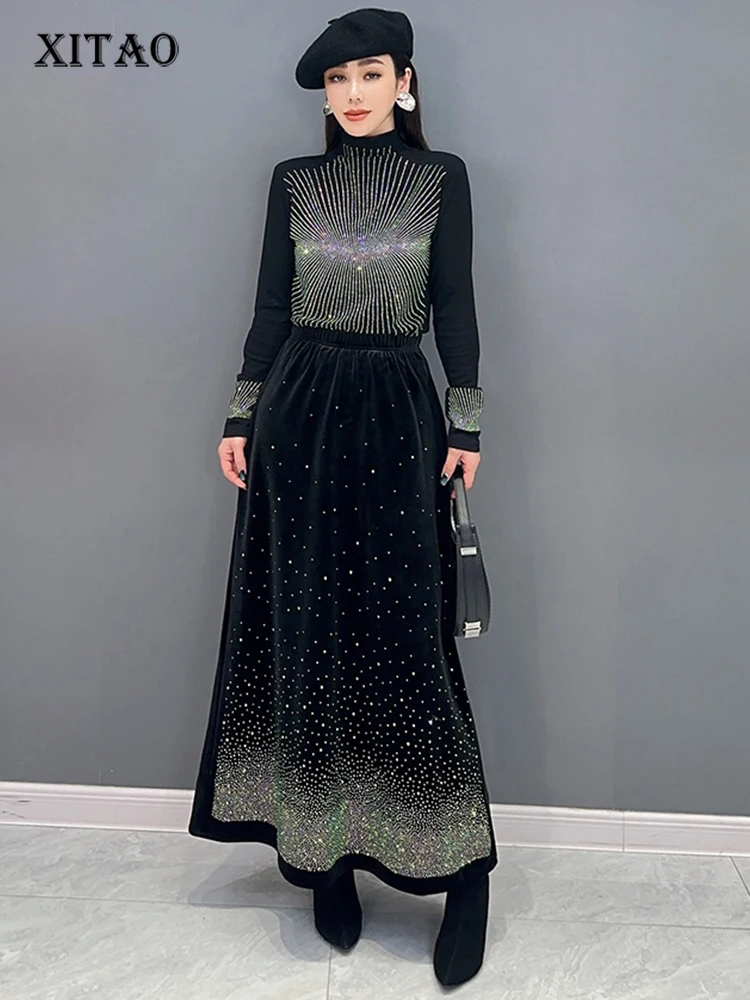 

XITAO Temperament Diamonds Two Piece Sets Turtleneck Top Loose Casual Slimming A-line Skirt Women New Fashion Sets DMJ3838