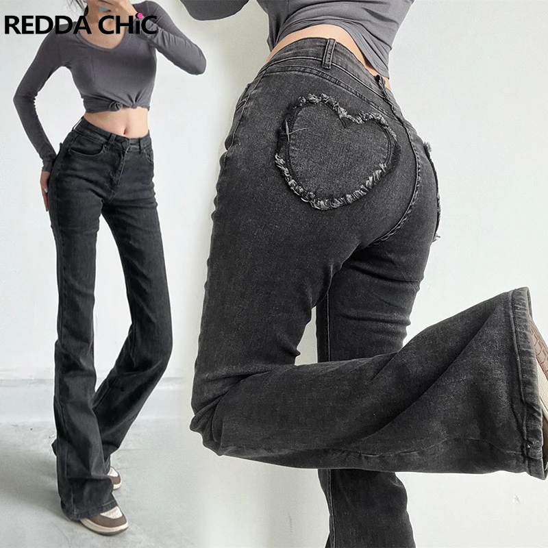 

REDDACHiC Grunge Y2k Streetwear Stretchy Flared Jeans Women Heart-Pocket Gray Pants High Waist Slim Goth Harajuku Woman Trousers