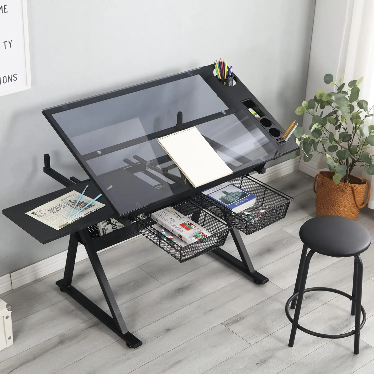 

Height Adjustable Drafting Table - Modern Tempered Glasses Artist Drawing Table Tilted Tabletop with Chair,Glass Topped Art