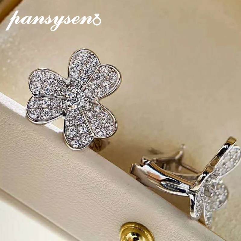 PANSYSEN Luxury 925 Sterling Silver Flower Shape High Carbon Diamond Gemstone Clip Earrings 18k White Gold Plated Fine Jewelry