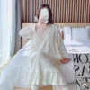 2025 Summer Pregnant Women Clothes Fashion Sweet Lace Patchwork V-neck Maternity Nursing Nightgowns Sleep Lounge Dress Lactation 1