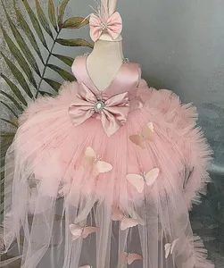 Puffy Girl Dress Pink Baby Dress with Train Flower Girl Dress Bow Cute Kid's Child Birthday Dresses Frist Communion