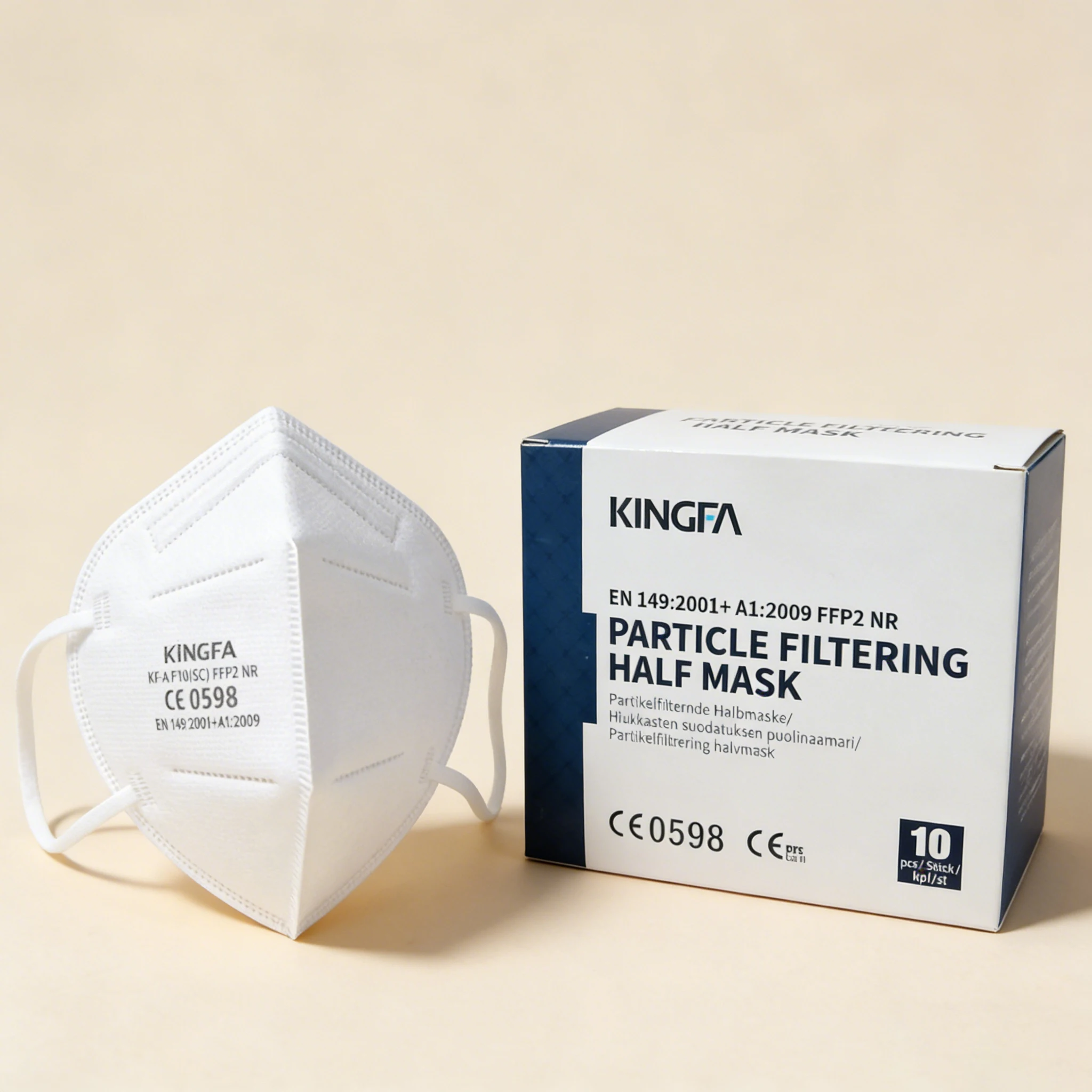 Paquet de 50 masques FFP2 FFP3, emballage transparent avec étiquette indiquant la certification.