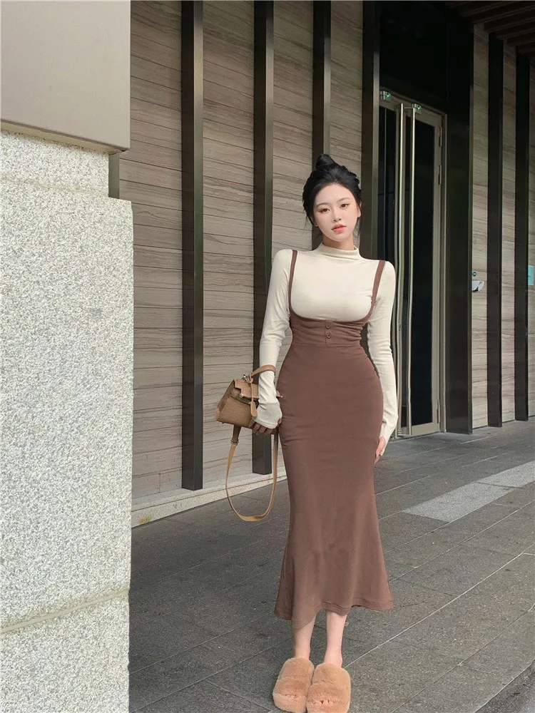 

Women's Elegant Slim Camisole Mermaid Dress Summer Autumn Chic Solid Color Straps Long Fishtail Dress Lady Harajuku Vestido