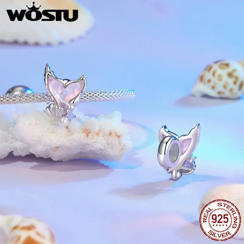 WOSTU 925 Sterling Silver Enamel Mermaid Charm Transparent Purple Fish Tail with Pearl Fit DIY Bracelet Gift for Mother's Day