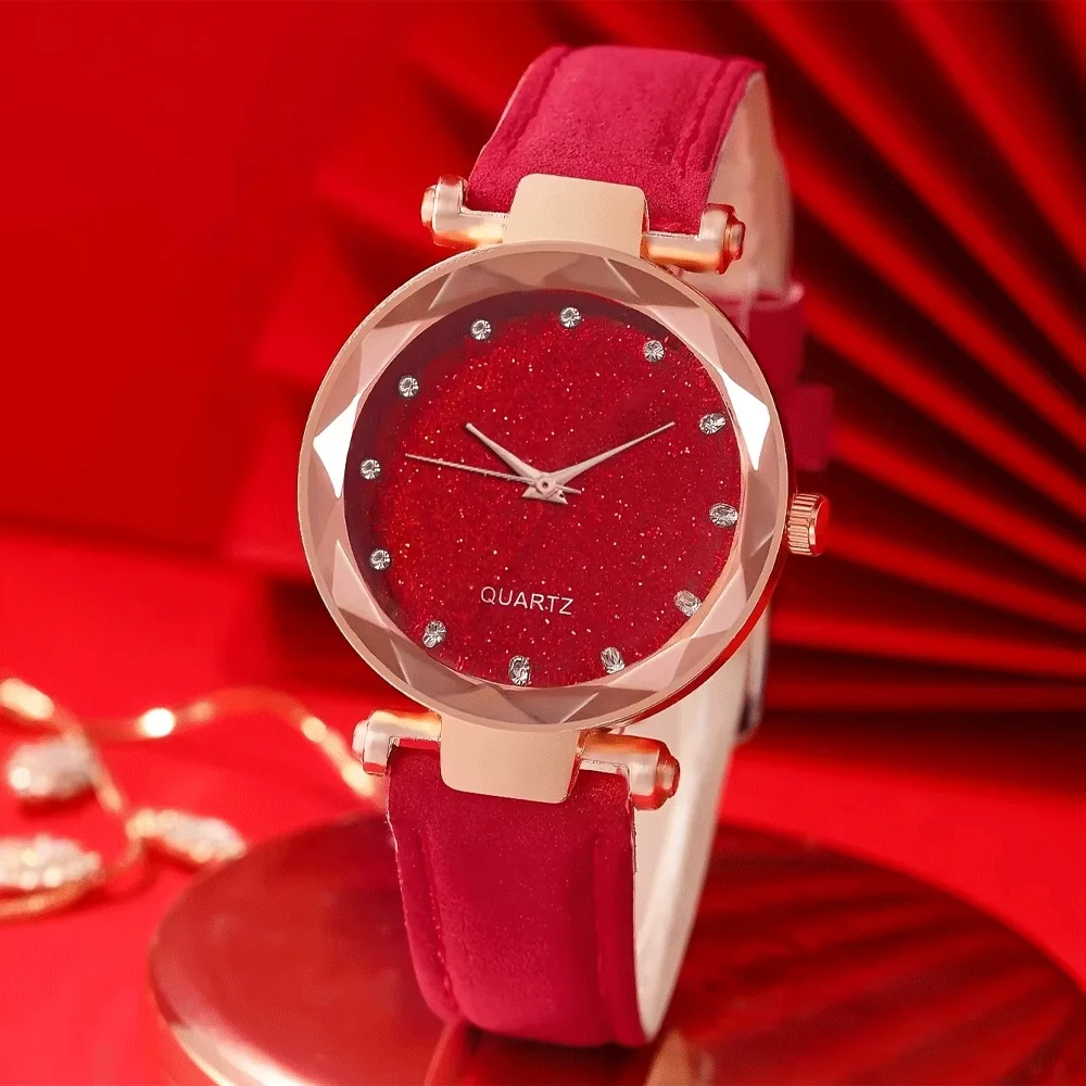 1pc Simple Zinc Alloy Quartz Watch With Round Rhinestone Dial + 1pc Butterfly Bracelet Red Black Pink