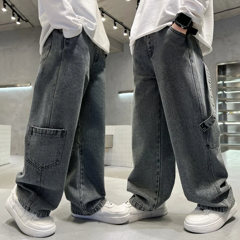 Teenage Boys Cargo Jeans Spring Autumn New Kids Wide Leg Denim Pants for Children Loose Pockets Trousers - Image 4