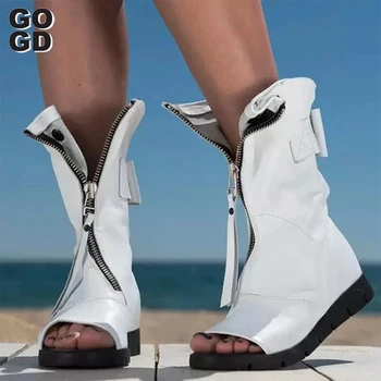 GOGD 패션 빈티지 여성 여름 발목 부츠, 새로운 2023 Pu 가죽 지퍼 관음증 발가락 웨지 하이힐 중반 송아지 부츠 펑크 스타일