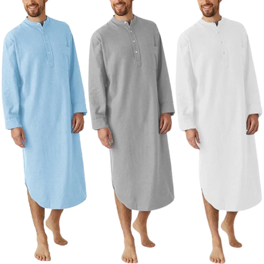 Causal Men's Sleep Robe Solid Color Long Sleeve Nightgown O Neck Button ...