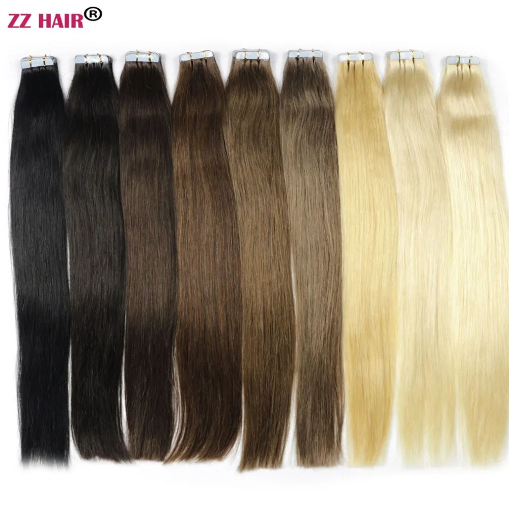 Machine Made Remy Tape Hair Human Hair Extensions 30g-70g 14" 16" 18" 20" 22" 24" 20pcs/pack Tape In Skin Weft ZZHAIR
