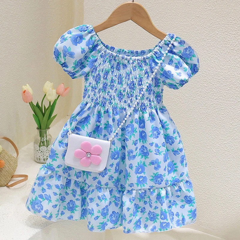 

2023 Summer New Baby Girls Flower Dresses with Bag Puff Sleeves Floral Dress 2-6 Years Kids Casual Clothing 2Pcs Outfits