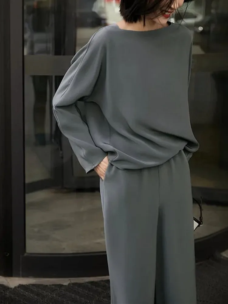 

2023 Summer New Women Solid Color Casual Set Ladies Long Sleeve O-Neck Loose Tee Tops or High Waist Fashion Straight Leg Pants