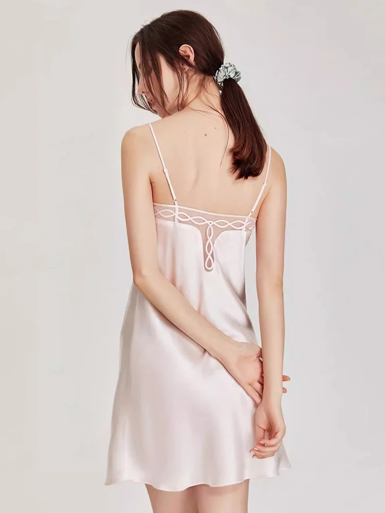 SuyaDream Camisones 100% de seda auténtica, vestidos para el hogar con cuello en V, vestido cómodo para dormir, camisón de verano, rosa, blanco, negro