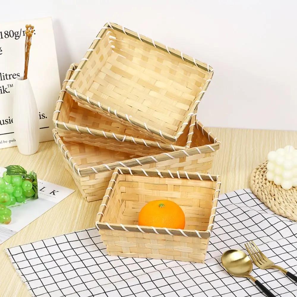 Woven Bamboo Basket Simple Natural Color Rectangle Wicker Bread Basket Handmade Square Bamboo Basket Home Shop Display 2
