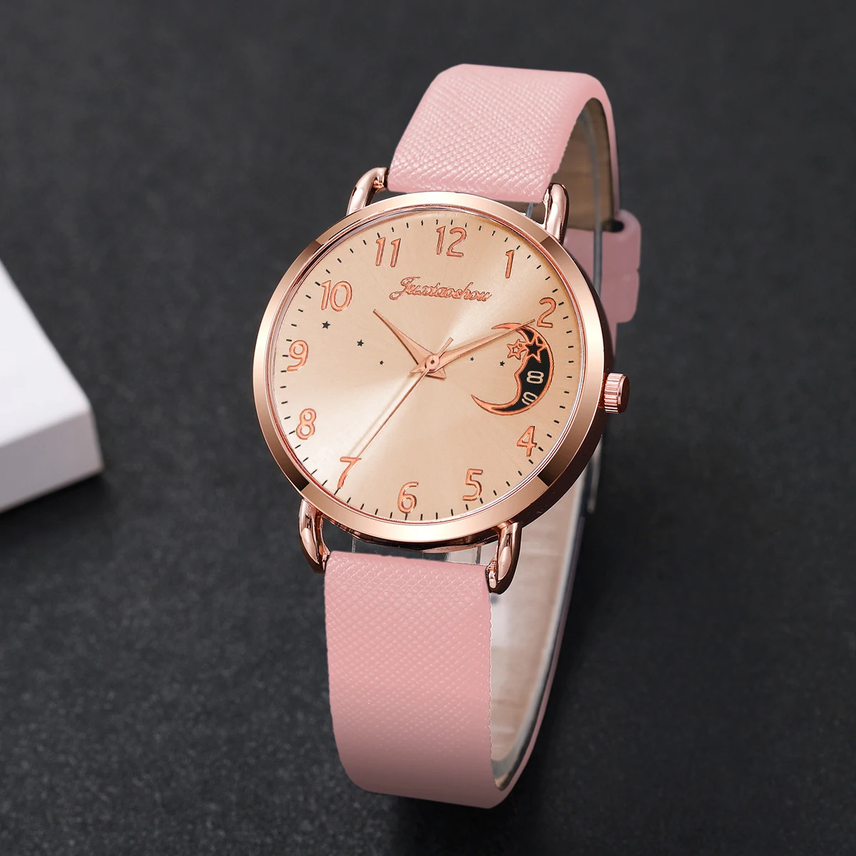 Women's Watch Korean Edition Fashion Moon Star Digital Scale Dial Light Luxury temperament Quartz Watch (Box Not Included)