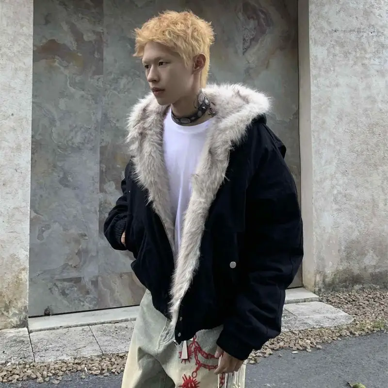 American Retro Woolen Collar Hooded Cotton Jacket: Winter Thick Plush Top for Men in Street Hip-Hop Gothic Harajuku Oversize Style