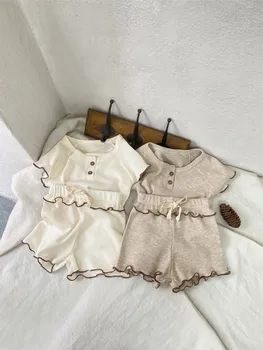TZ2626 New girls' short sleeved summer style baby waffle wave edge short sleeved T-shirt+shorts two-piece set 1