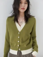 CHIC VEN femmes Cardigan décontracté col en v simple boutonnage contraste femme tricoté chandails à manches longues pulls printemps automne 3