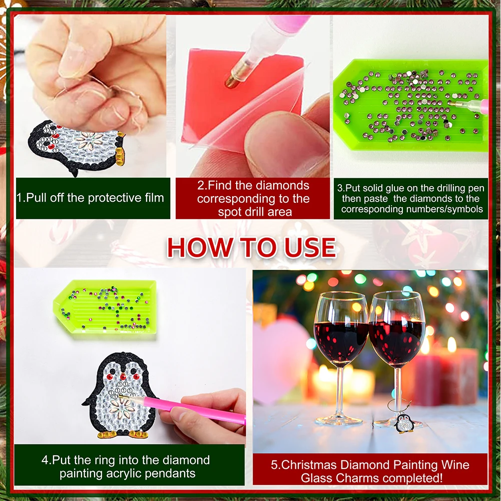 8PCS Diamond Painting Art Pendant Dog Paw Diamond Wine Glass Charms Flower Expression Diamond Art Crafts Supplies for Beginners